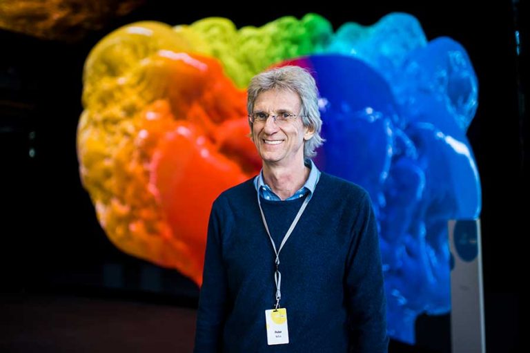 Male in front of multicolour background