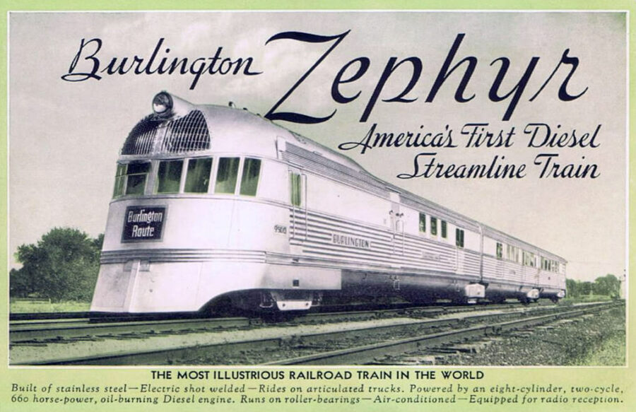 Der Pioneer Zephyr auf einer historischen Postkarte, ca. 1935