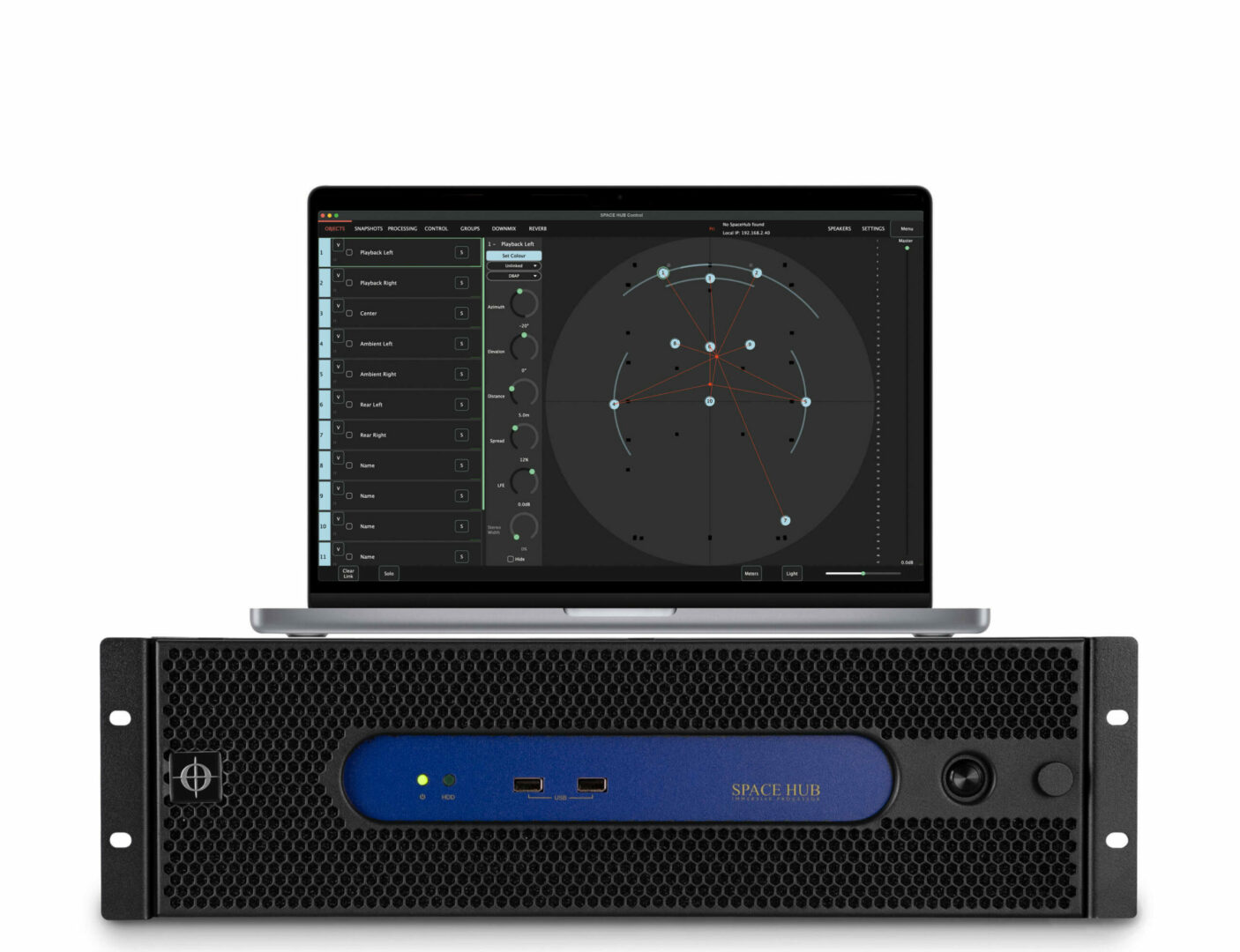Der Coda Audio SPACE HUB kann bis zu 128 Audioquellen auf 128 Ausgänge rendern.