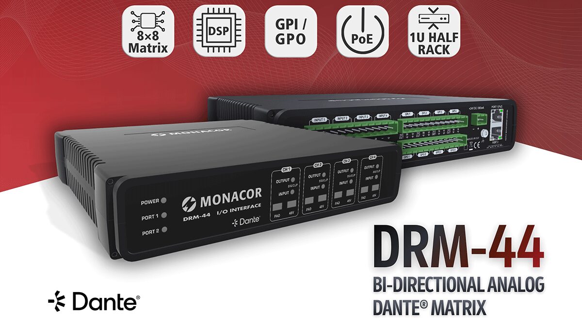 Die DRM-44 verbindet analoge Audiotechnik mit Dante®- und AES67-Netzwerken und bietet integrierte DSP-Funktionen sowie eine 8x8-Audiomatrix.